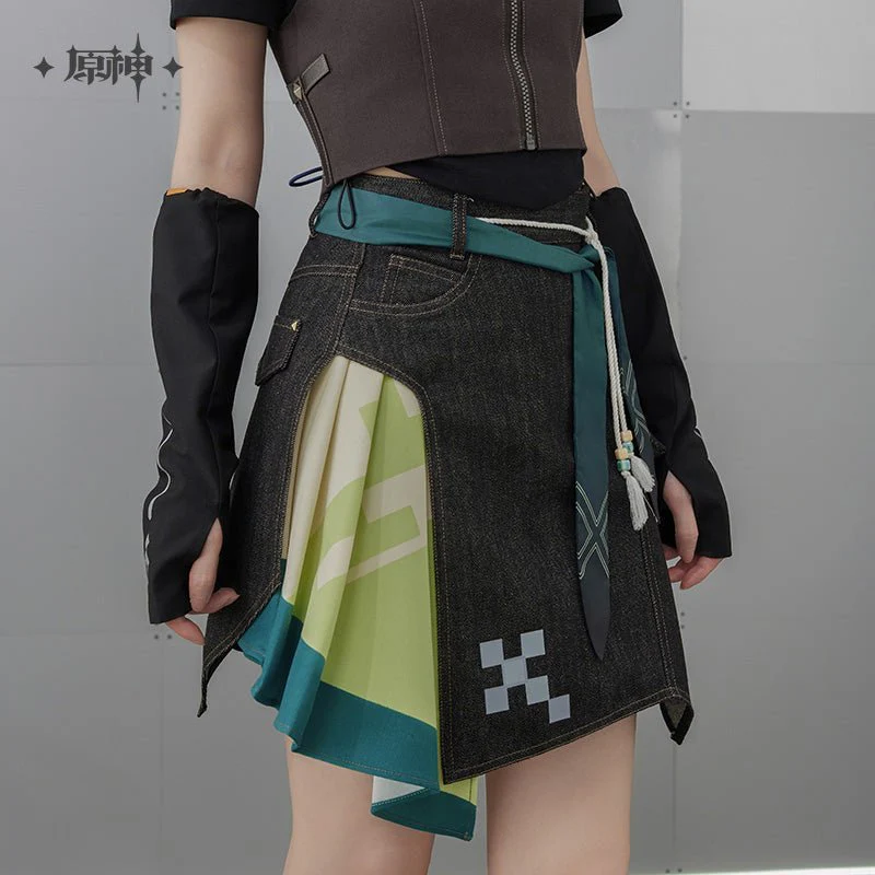 [OFFICIAL] Genshin Impact Kinich Impression Series Clothes - Asymmetrical Patchwork Denim Short Skirt - Image 4