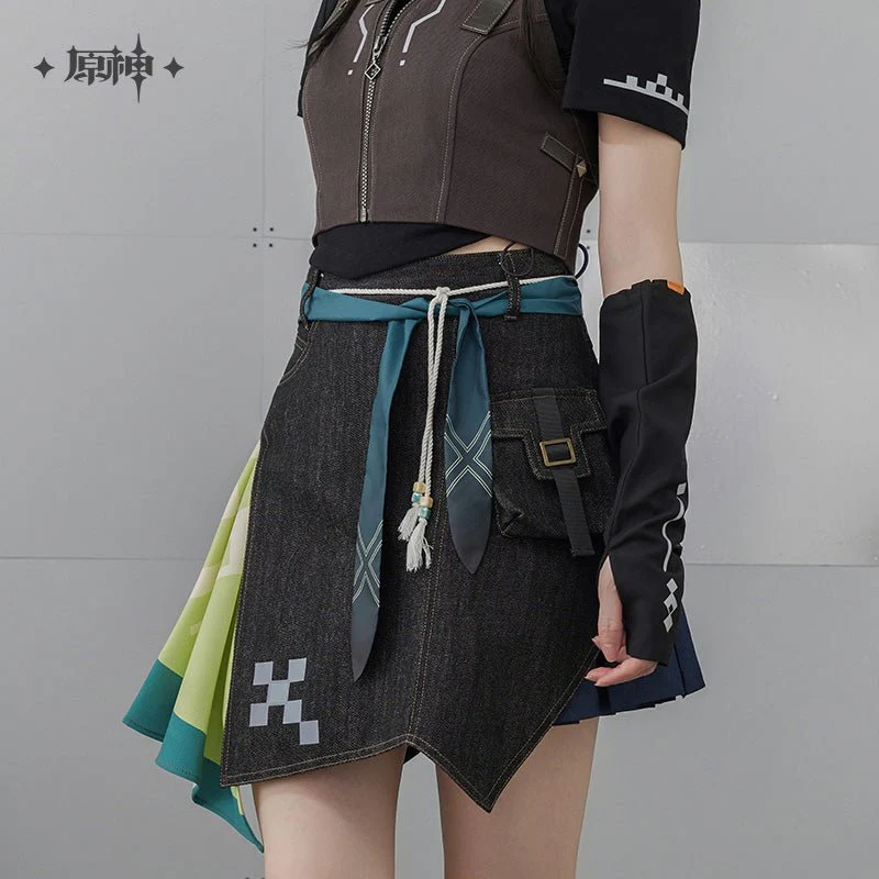 [OFFICIAL] Genshin Impact Kinich Impression Series Clothes - Asymmetrical Patchwork Denim Short Skirt - Image 5