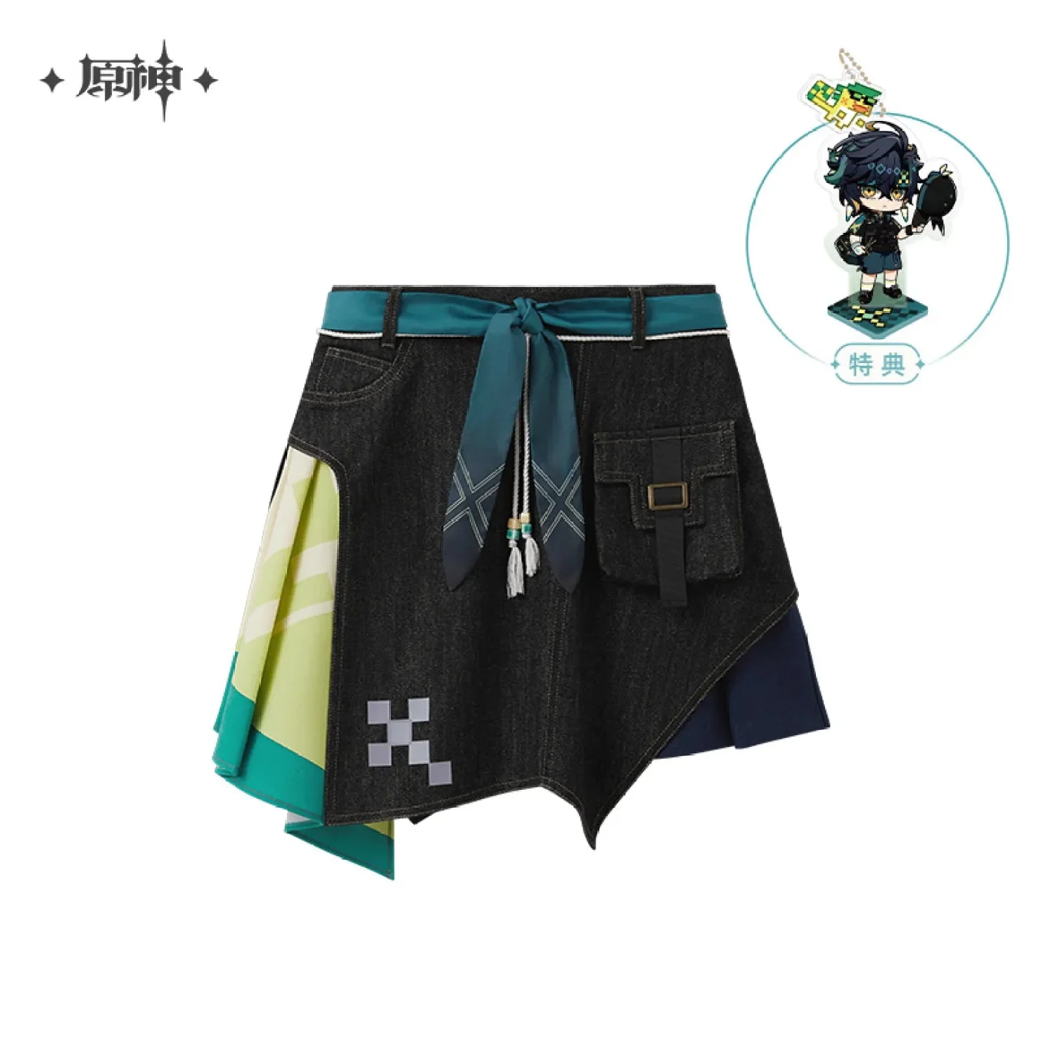 [OFFICIAL] Genshin Impact Kinich Impression Series Clothes - Asymmetrical Patchwork Denim Short Skirt - Image 6